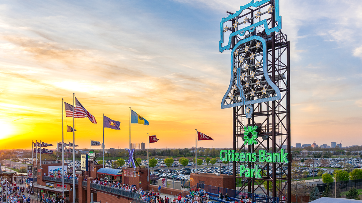 Citizens Bank Park sign and evening sky